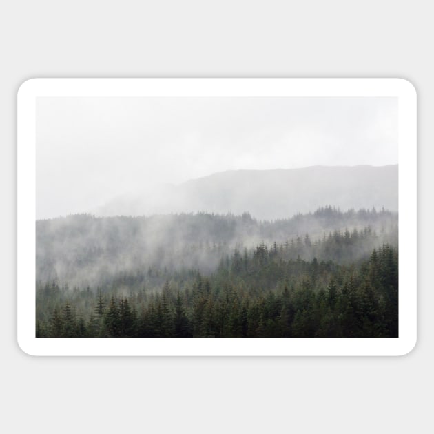 Mist and rain floats across trees in the Scottish Highlands Sticker by richflintphoto